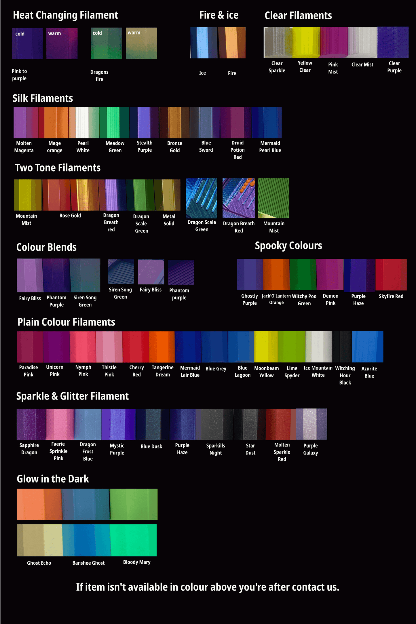 color swatches for heat changing, silk, two tone, color blends, spooky, plain, sparkle, glitter, glow in the dark filaments