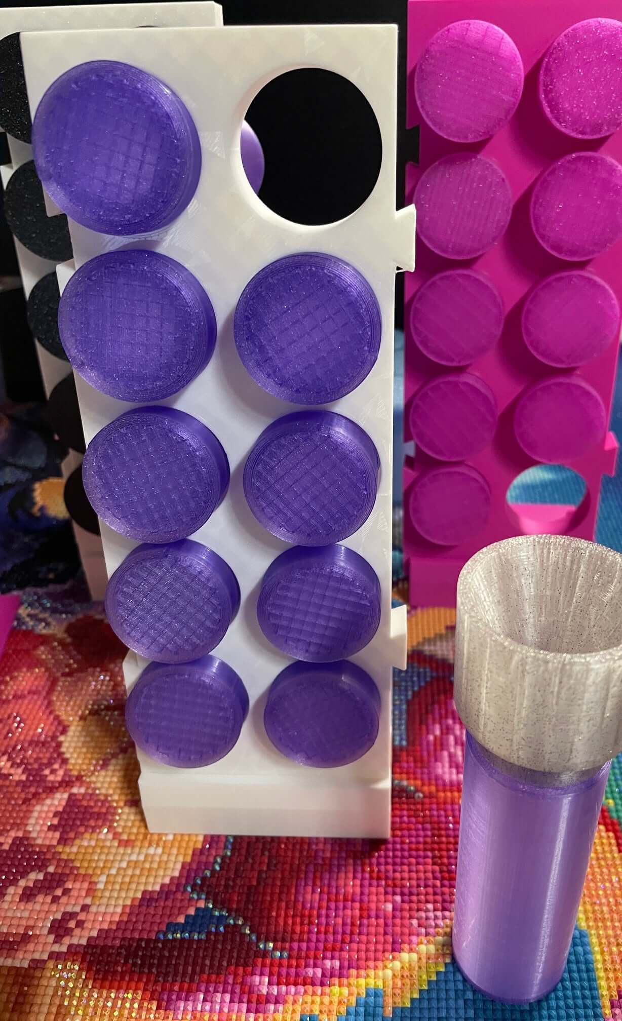 TestToobz Drill Containers with Expandable Stand and Screw-On Funnel in vibrant purple, perfect for craft organization.